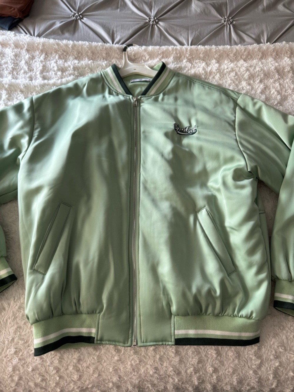 Adika Mint Green Satin Bomber with Dark Green Stripe Trim